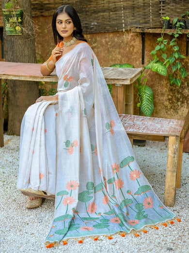 Beautiful Off-White Floral Weaving Cotton Traditional Saree With Blouse